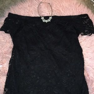 Off shoulder past the knee black lace dress